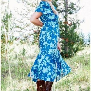 Olivis James The Label Medium "Delia" Night Shadow Blue Ruffle Midi Dress   #119